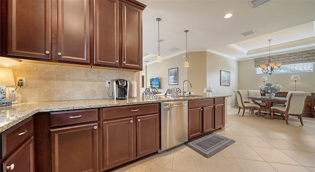 kitchen with a chandelier, light tile patterned floors, decorative light fixtures, and stainless steel dishwasher