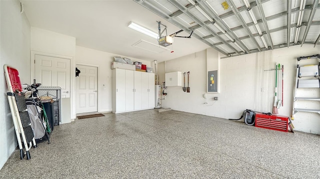 garage featuring electric panel, a garage door opener, and water heater