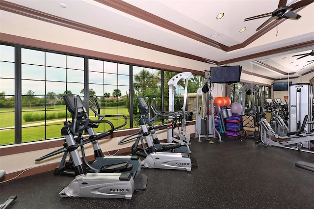 gym featuring a tray ceiling, ceiling fan, vaulted ceiling, and ornamental molding