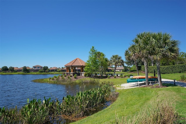 property view of water with a gazebo