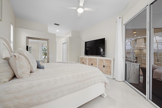 bedroom featuring access to exterior, ceiling fan, and carpet