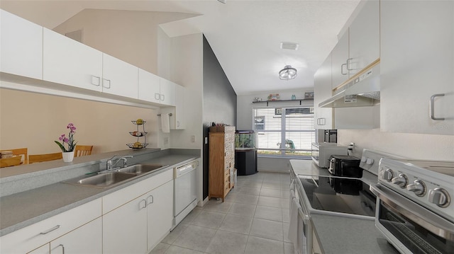 kitchen with white cabinetry, range with electric cooktop, sink, and white dishwasher