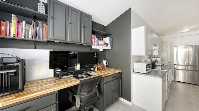 tiled office space with built in desk