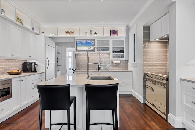 kitchen with white cabinets, sink, high end range, and an island with sink