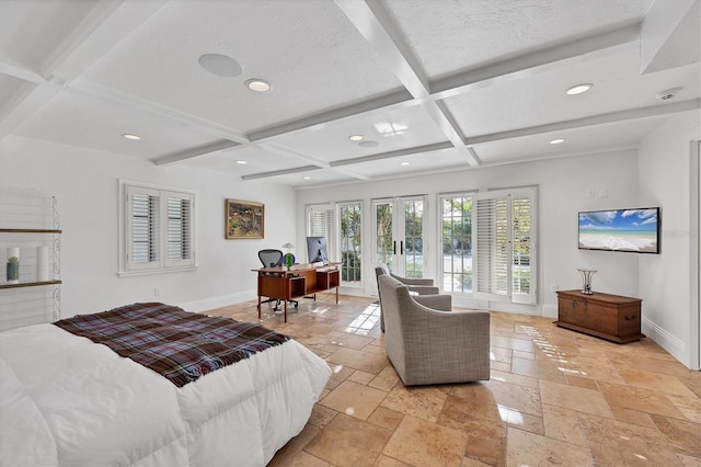 bedroom with beam ceiling, french doors, a textured ceiling, and coffered ceiling