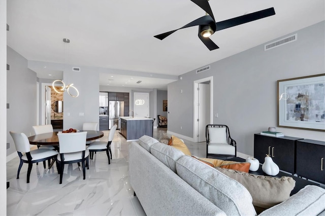 living room with ceiling fan