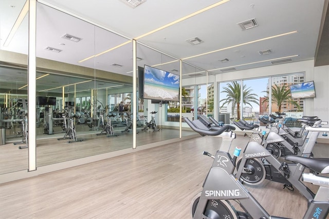 gym with hardwood / wood-style floors