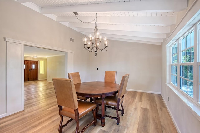 dining area with vaulted ceiling with beams, wood ceiling, light hardwood / wood-style flooring, and a notable chandelier