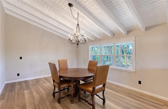 dining room featuring a notable chandelier, wooden ceiling, beam ceiling, and light wood-type flooring