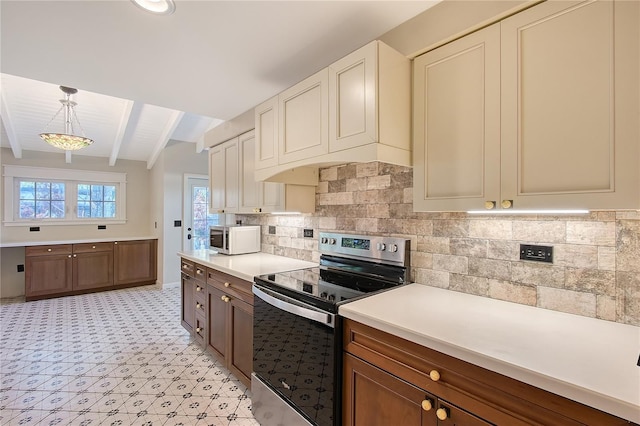 kitchen featuring hanging light fixtures, backsplash, vaulted ceiling with beams, stainless steel electric stove, and custom exhaust hood