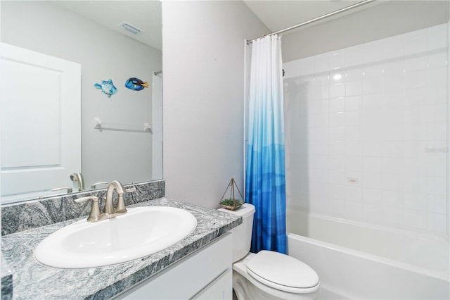 full bathroom featuring vanity, toilet, and shower / bathtub combination with curtain