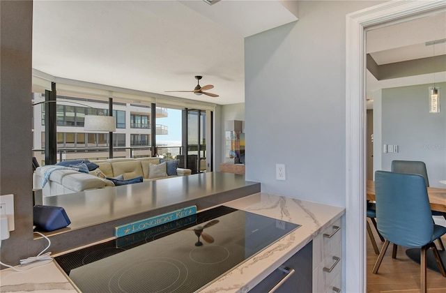 kitchen with hardwood / wood-style flooring, ceiling fan, and cooktop