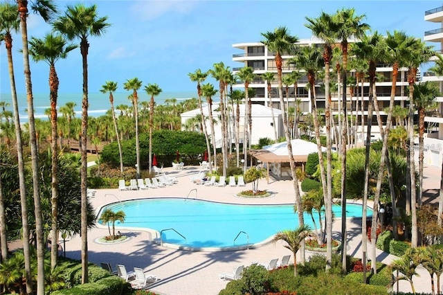 view of swimming pool featuring a patio area