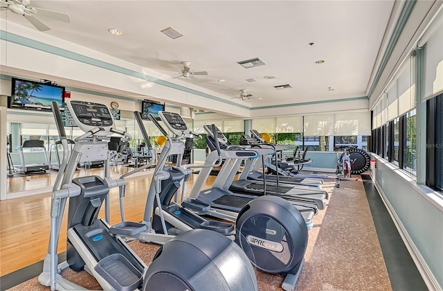 exercise room with hardwood / wood-style flooring, ceiling fan, and ornamental molding