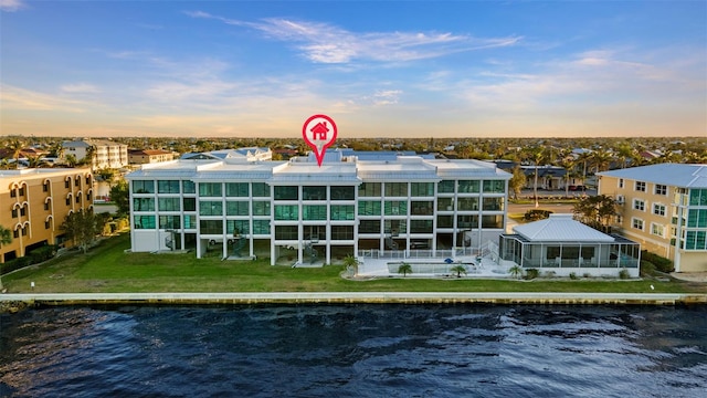 exterior space with a water view