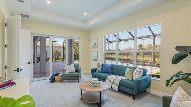 interior space featuring a raised ceiling and carpet