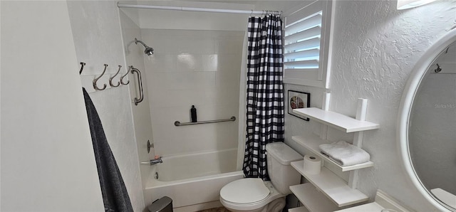 bathroom with shower / bathtub combination with curtain and toilet