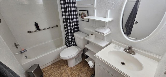 full bathroom featuring shower / bath combination with curtain, vanity, and toilet