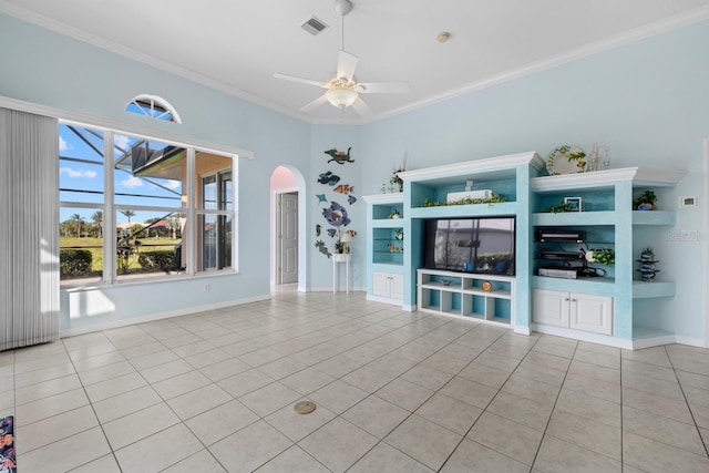 unfurnished living room featuring arched walkways, crown molding, light tile patterned floors, visible vents, and ceiling fan