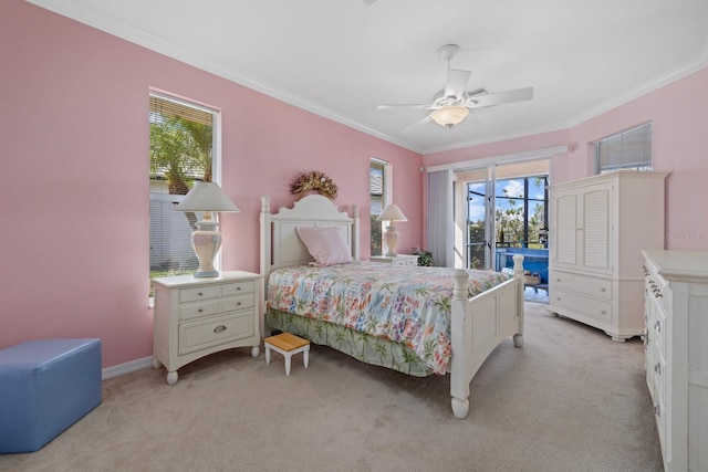 bedroom with light carpet, access to exterior, a ceiling fan, and crown molding