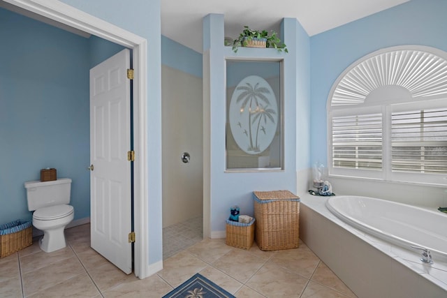 bathroom with a bath, walk in shower, tile patterned flooring, and toilet