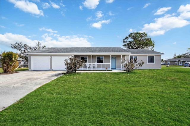 single story home with a garage, covered porch, and a front lawn