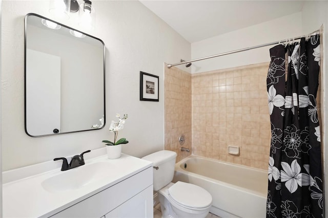 full bathroom featuring vanity, toilet, and shower / tub combo with curtain