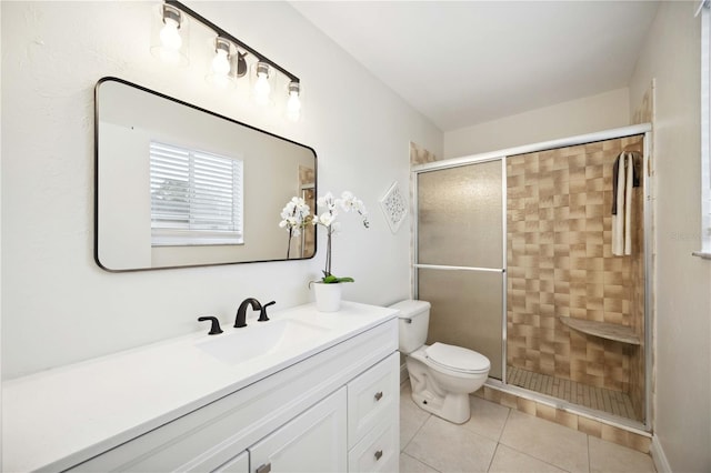 bathroom with tile patterned floors, vanity, an enclosed shower, and toilet