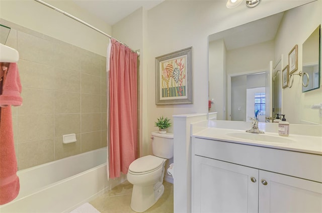 full bathroom featuring tile patterned flooring, vanity, toilet, and shower / bath combo with shower curtain