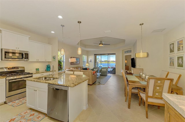 kitchen featuring white cabinets, sink, ceiling fan, a tray ceiling, and stainless steel appliances