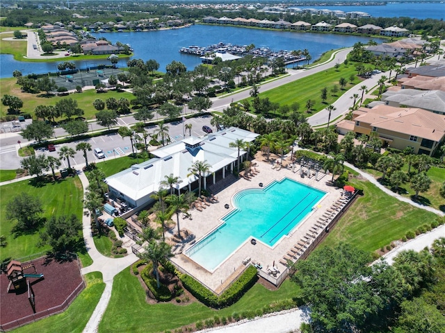 aerial view featuring a water view