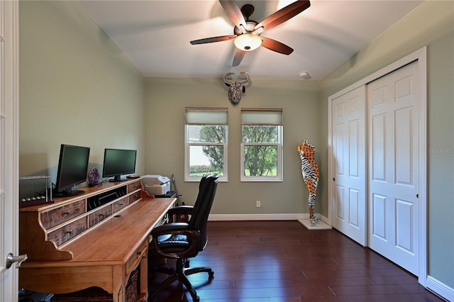 home office with ceiling fan and dark wood-type flooring