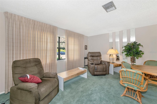 sitting room featuring carpet floors and a textured ceiling