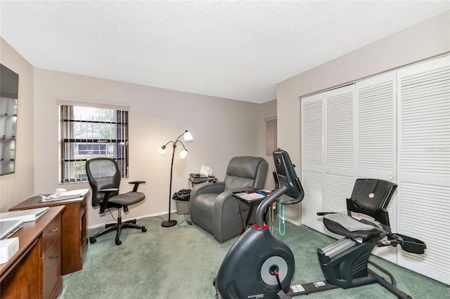 exercise room featuring light carpet and a textured ceiling