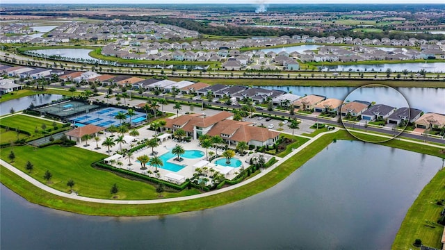 drone / aerial view featuring a water view