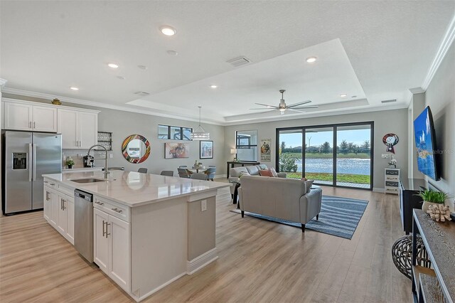 kitchen featuring a tray ceiling, sink, white cabinets, and appliances with stainless steel finishes