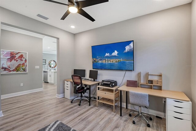 office with light hardwood / wood-style floors and ceiling fan