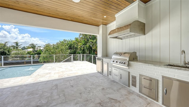 view of patio featuring sink, grilling area, pool water feature, a fenced in pool, and area for grilling