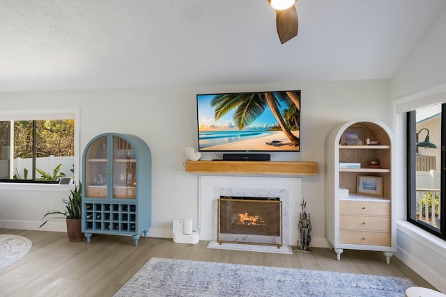 living room featuring plenty of natural light, light wood-type flooring, a premium fireplace, and a textured ceiling