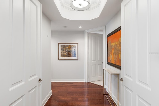 hallway featuring dark hardwood / wood-style flooring, a raised ceiling, and ornamental molding