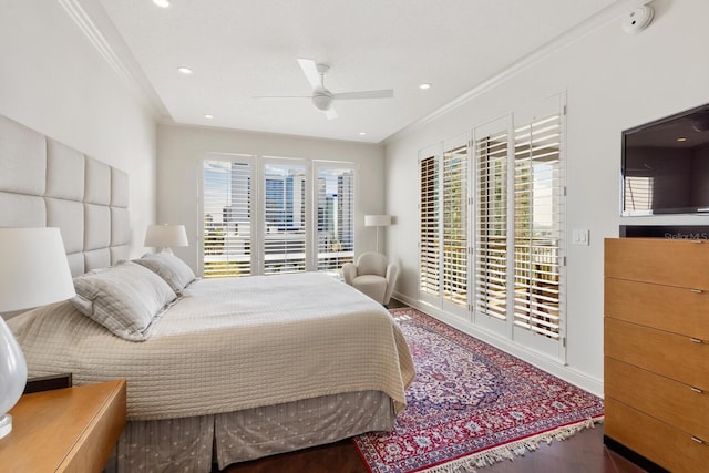 bedroom with access to outside, ceiling fan, ornamental molding, and hardwood / wood-style flooring