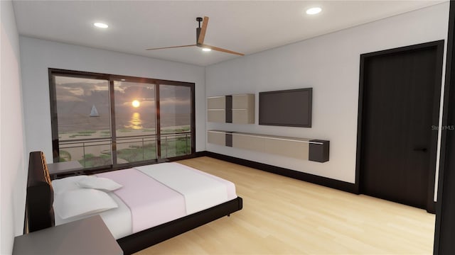 bedroom featuring ceiling fan and light hardwood / wood-style floors