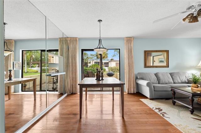 dining space featuring wood-type flooring, a textured ceiling, and ceiling fan