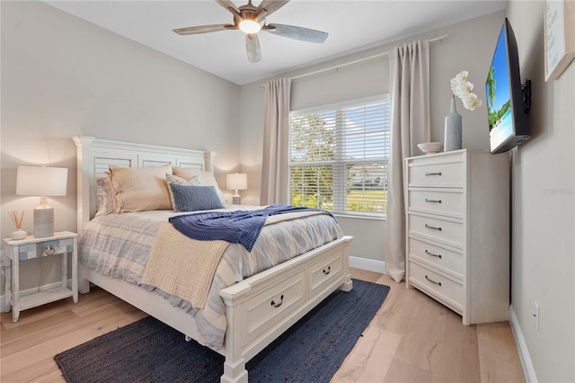 bedroom with ceiling fan and light wood-type flooring