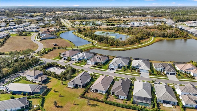 bird's eye view with a water view