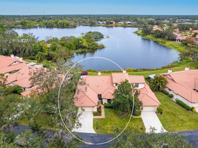 drone / aerial view featuring a water view