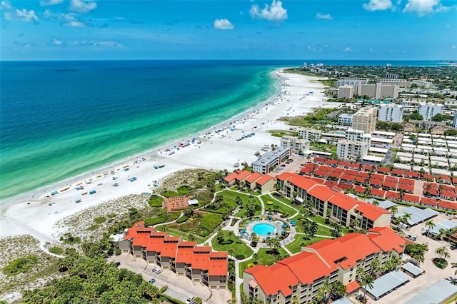 bird's eye view with a view of the beach and a water view