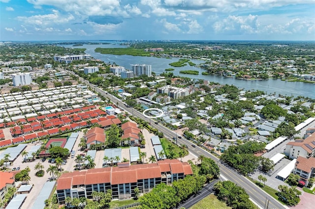 bird's eye view with a water view