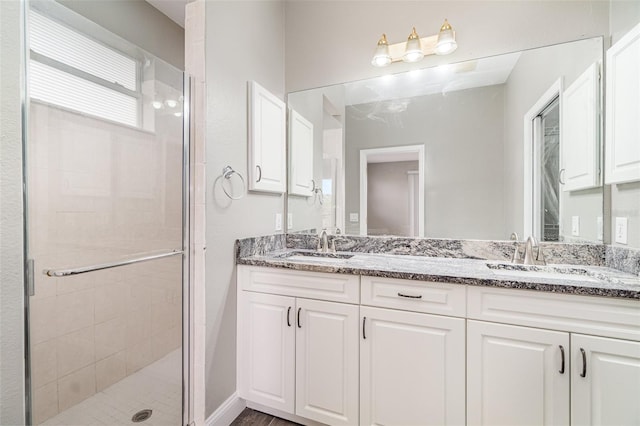 bathroom featuring vanity and a shower with shower door