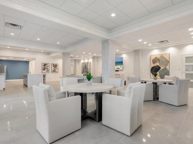 dining room with crown molding, light tile patterned floors, recessed lighting, visible vents, and baseboards